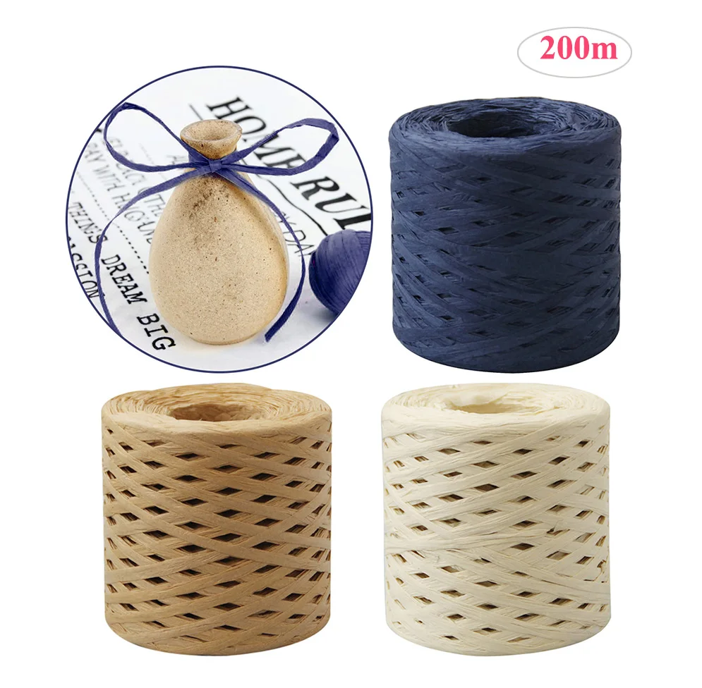 

Behogar 1 Roll 200M Raffia Paper Ribbons Packing Twine Rope for Christmas Gift Box Wrapping Package DIY Crafts Party Decorations