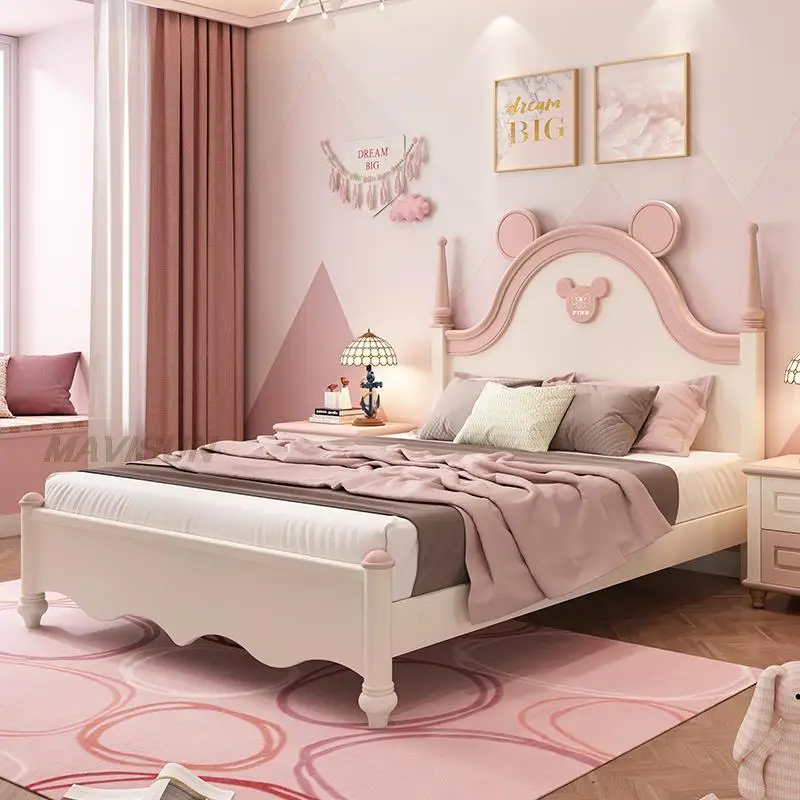 Minimalist Modern Pink Bed Children Kids Wooden Bed With Mattress Two Bedside Tables Custom Simple Bedroom Furniture Set