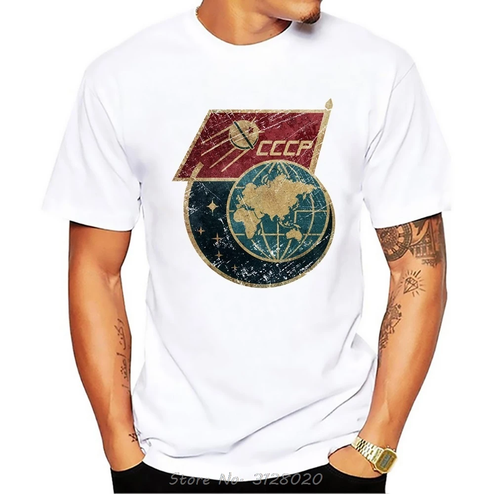 CCCP Soviet Union Space Exploration Plan Yuri Gagarin Retro Badge T Shirt Tees Summer New White Casual Interkosmos Men Tshirt