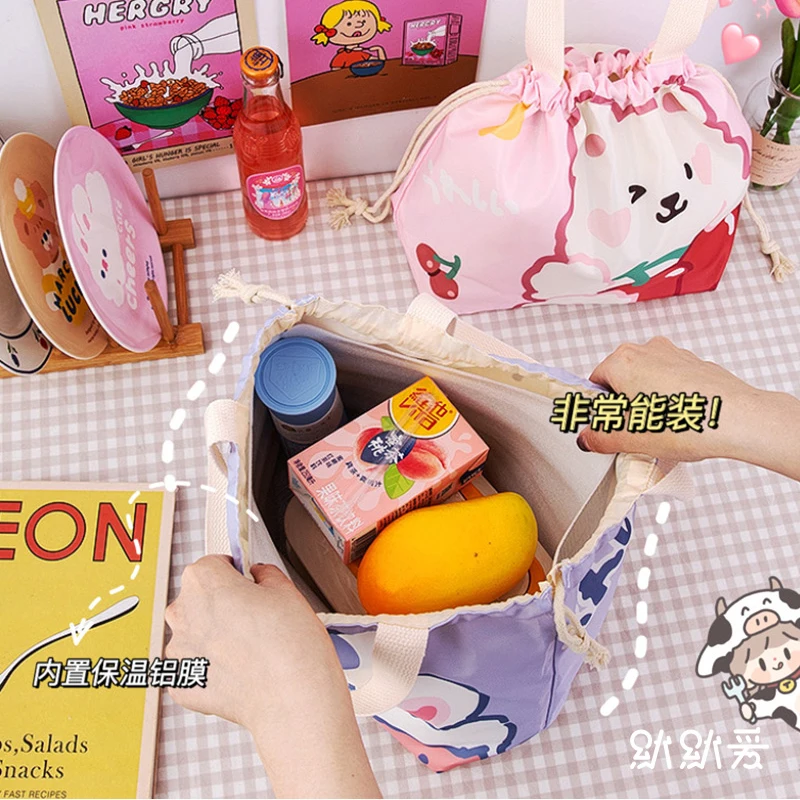 Cute Lunch Bag Women Kawaii Portable Insulated Cooler Bags Thermal Drawstring Lunch Box Tote Food Bags For Women Kids WY117