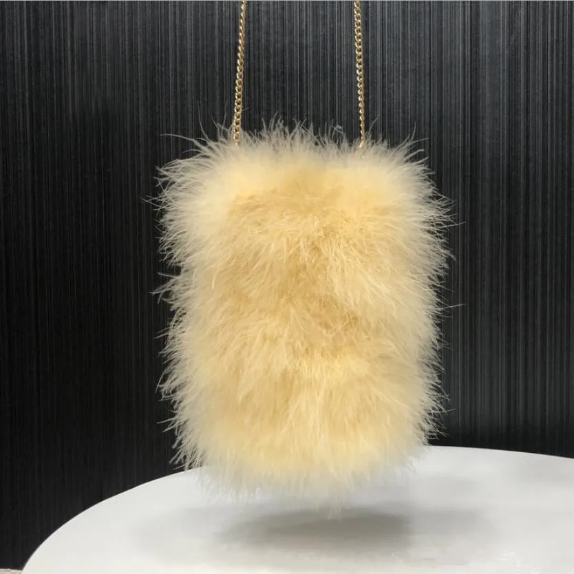 Womens Luxury Real Ostrich Feather Bag Purse Coin Bag Evening Fluffy White Crossbody Bag