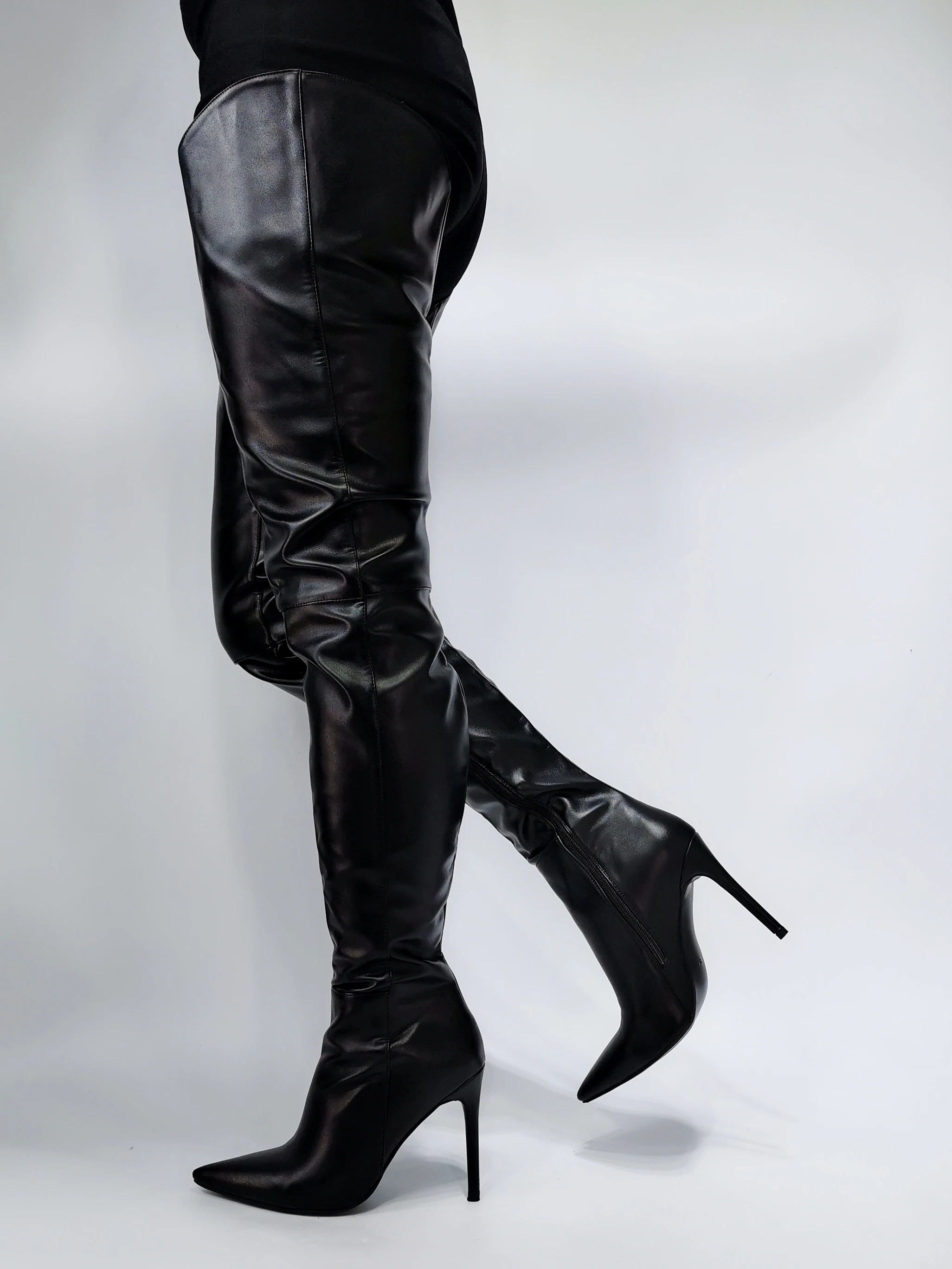 New Models Shoes Ladies V Cut Super Long Boots Black Pointed Toe Half-side Zip Over Knee High Boots Big Size 47