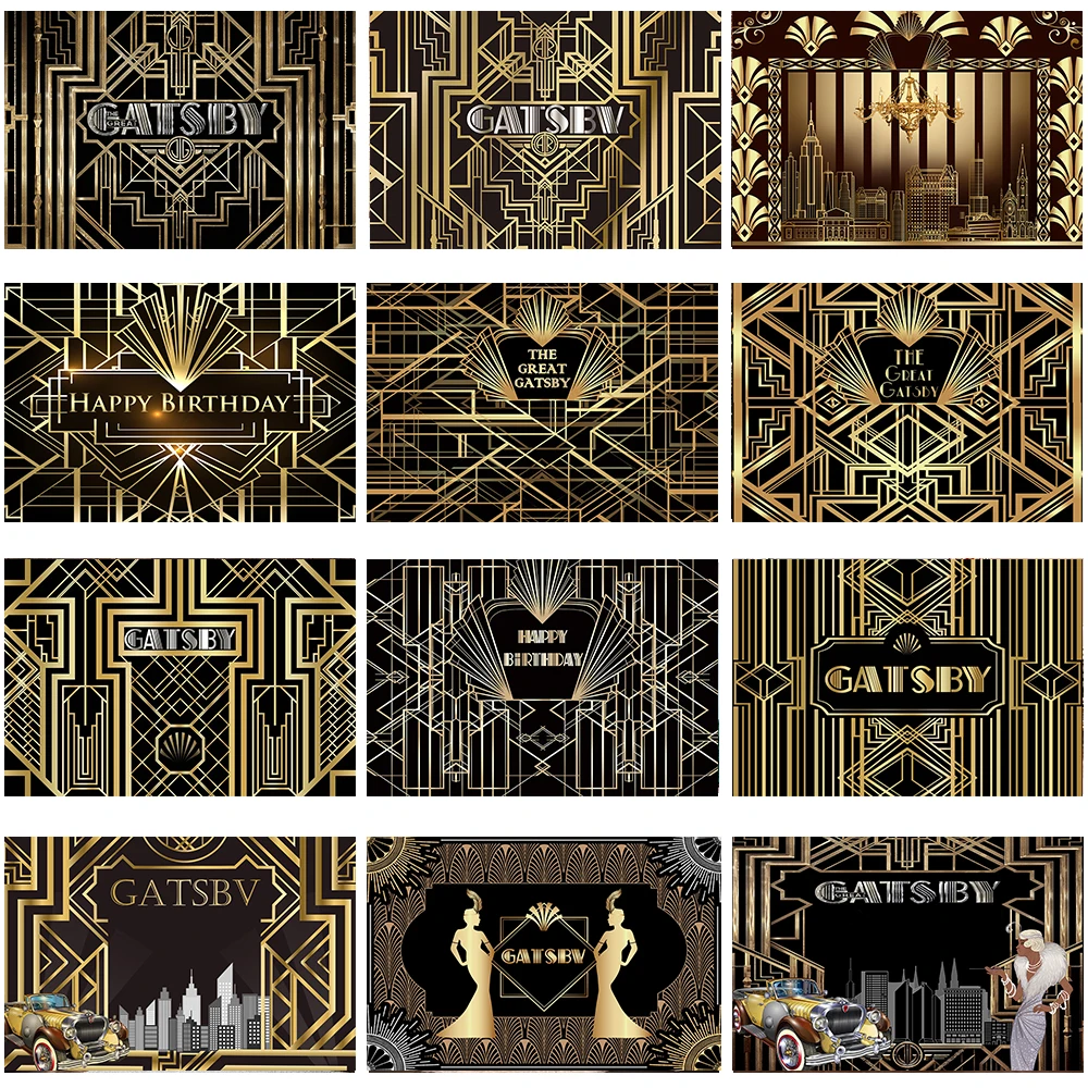 Grande Gatsby Tema Fotografia De Fundo, Backdrops Banner Personalizado, Linha Dourada Preta, Decoração De Festa De Aniversário