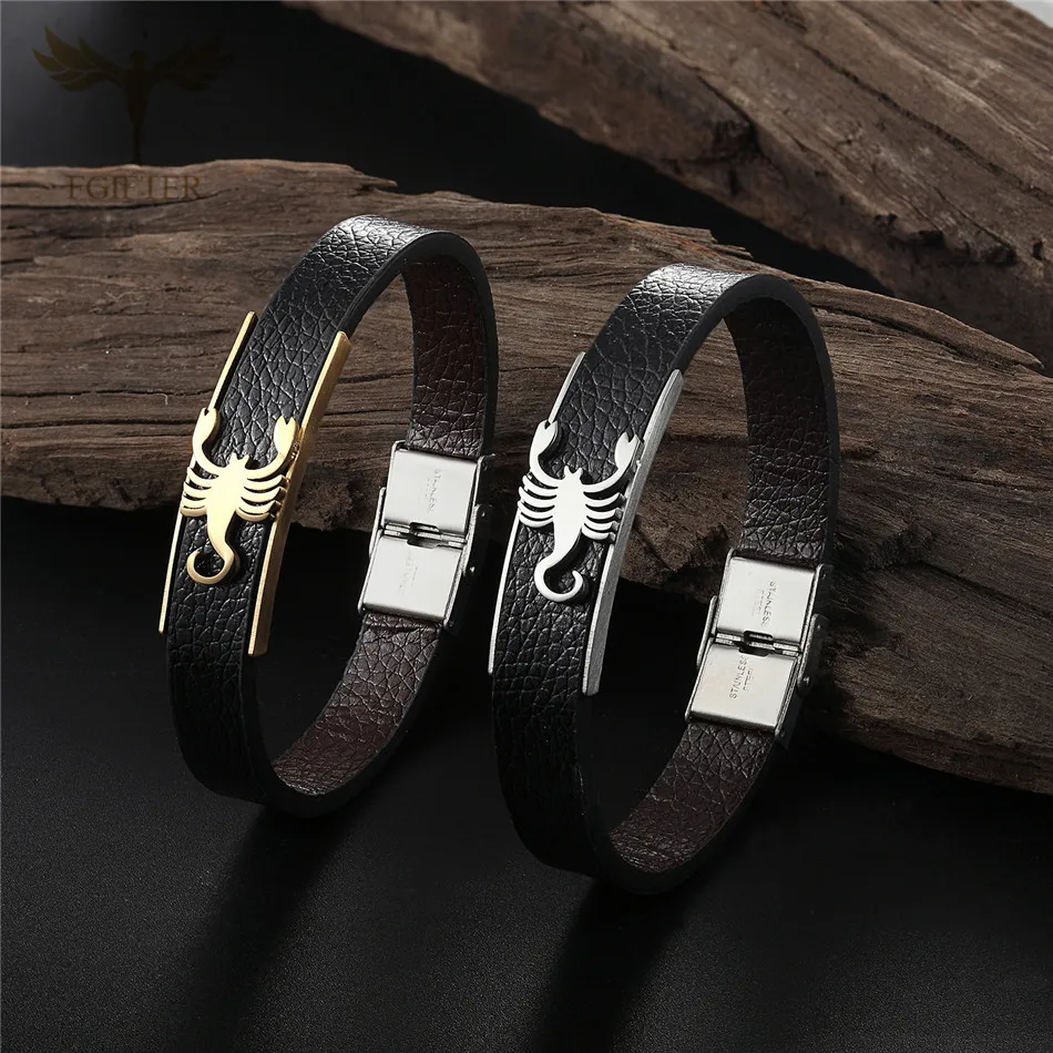 Punk Men Women Jewelry Insert Scorpion Bracelet Leather Steel Bracelets Gold Silver Color armband heren pulsera cuero hombre