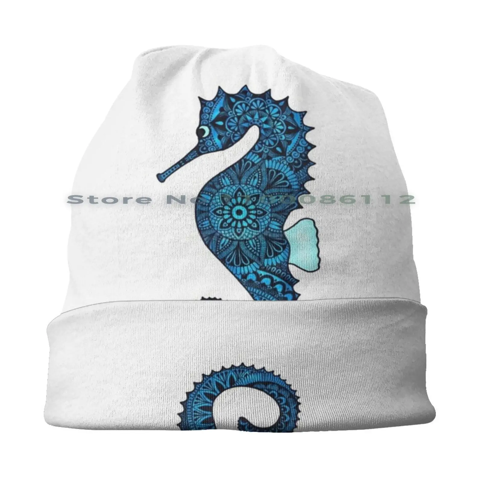 Blue Seahorse Beanies Knit Hat Blue Mandala Zentangle Pattern Seahorse Ocean Swim Animal Brimless Knitted Hat Skullcap Gift