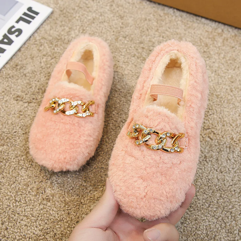 Girls Cotton Shoes  Autumn Winter Children Flats Warm Fluffy Fur with Crystal Chains Metal Buckle Princess Loafers Kids Moccasin