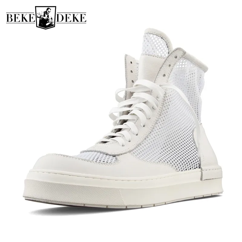 

Fashion Mens High Top Breathable Mesh Lace Up Shoes Leather Patchwork Thick Platform Shoes Casual Male Outside Joggers Sneakers