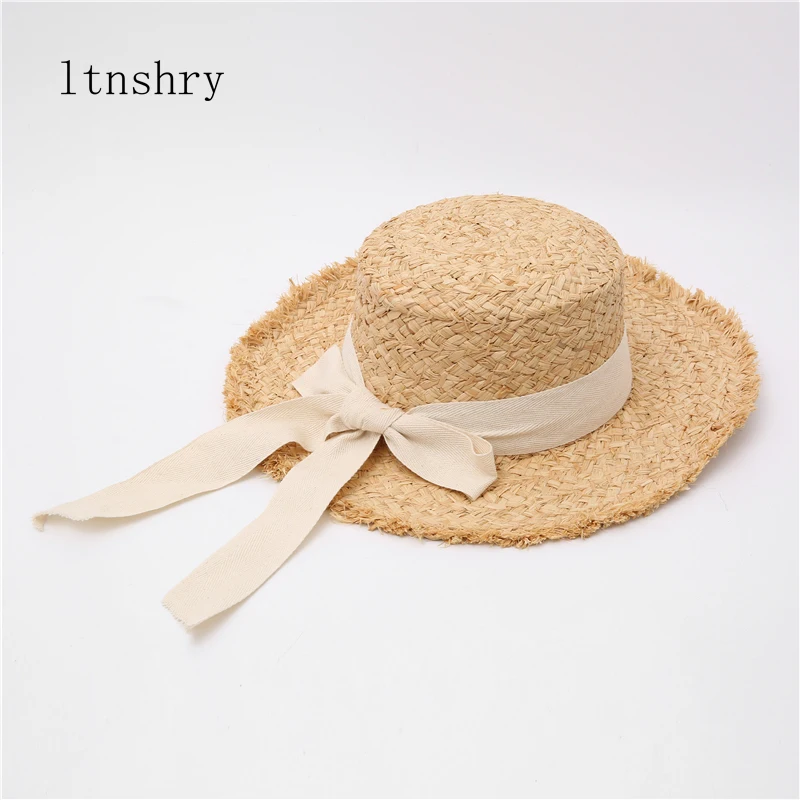 New Handmade Women Summer Sun Hat Beach Raffia Panama Straw Cap Big Brim Black White Bow Ribbon Temperament Flat top Holiday cap