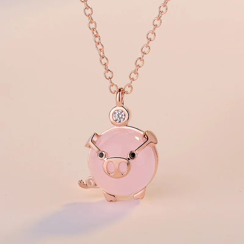 Foydjew Cute Piglet Rose Gold Plated Necklaces Pink Crystal Rose Quartz Small Pig Pendant Clavicle Chain Necklace For Women