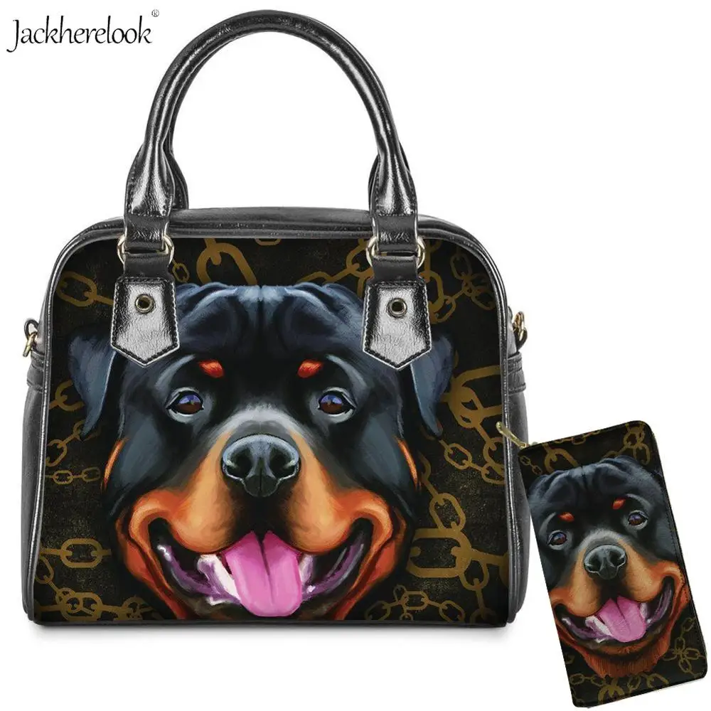 Jackherelook PU Leather Shoulder Bag for Lady 2Pcs/set Rottweiler Dog Pet Messenger Bag Black Animal Print Handbags and Wallet