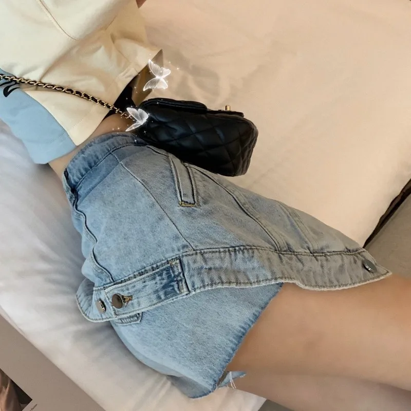 Women Denim Shorts Summer High Waist Tassel Irregular Hot Pants Streetwear Fake 2 Piece Buttons Casual Black Shorts Female