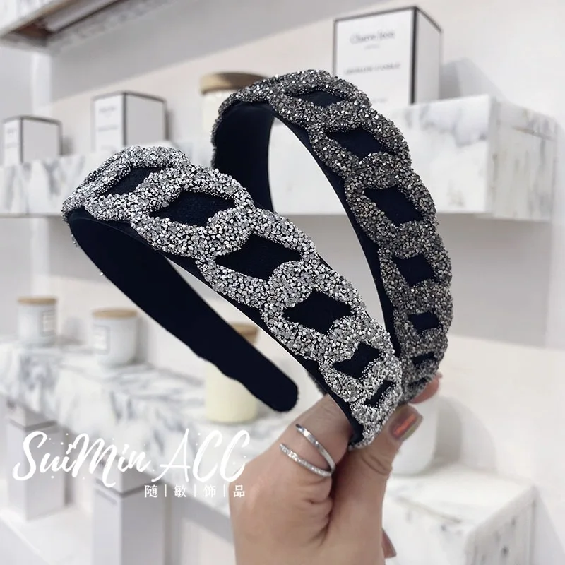 New Personality European Luxury Sparkly Rhinestones Scrunchies Headband Headwear Baroque Palace Crystal Thick Sponge Hair Band