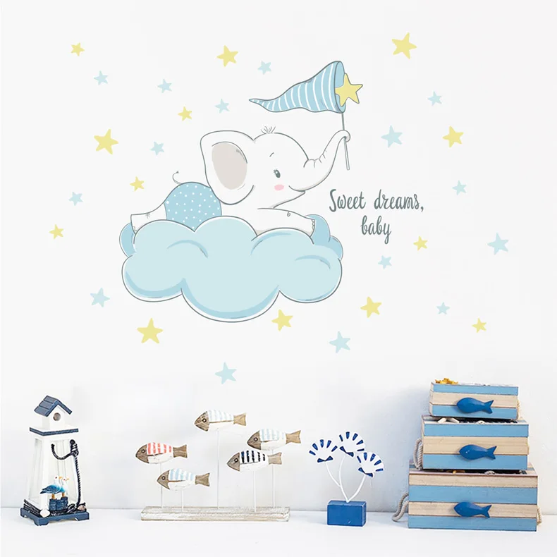 Cartoon-Elefant auf den Wolken Wandaufkleber Kinderzimmerdekoration Tapete Baby-Schlafzimmer-Dekor Selbstklebende niedliche Tier-Aufkleber – Detail 2
