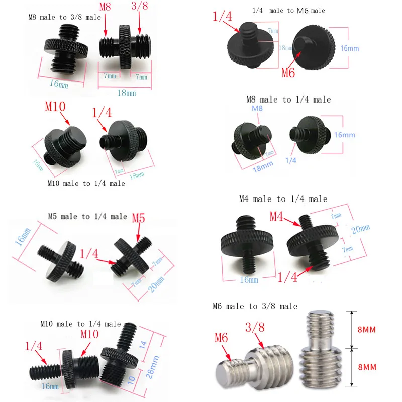 1/4 or 3/8 to M4 M6 M8 M10 male to male Screw Mount Adapter for camera tripod camera photography accessories