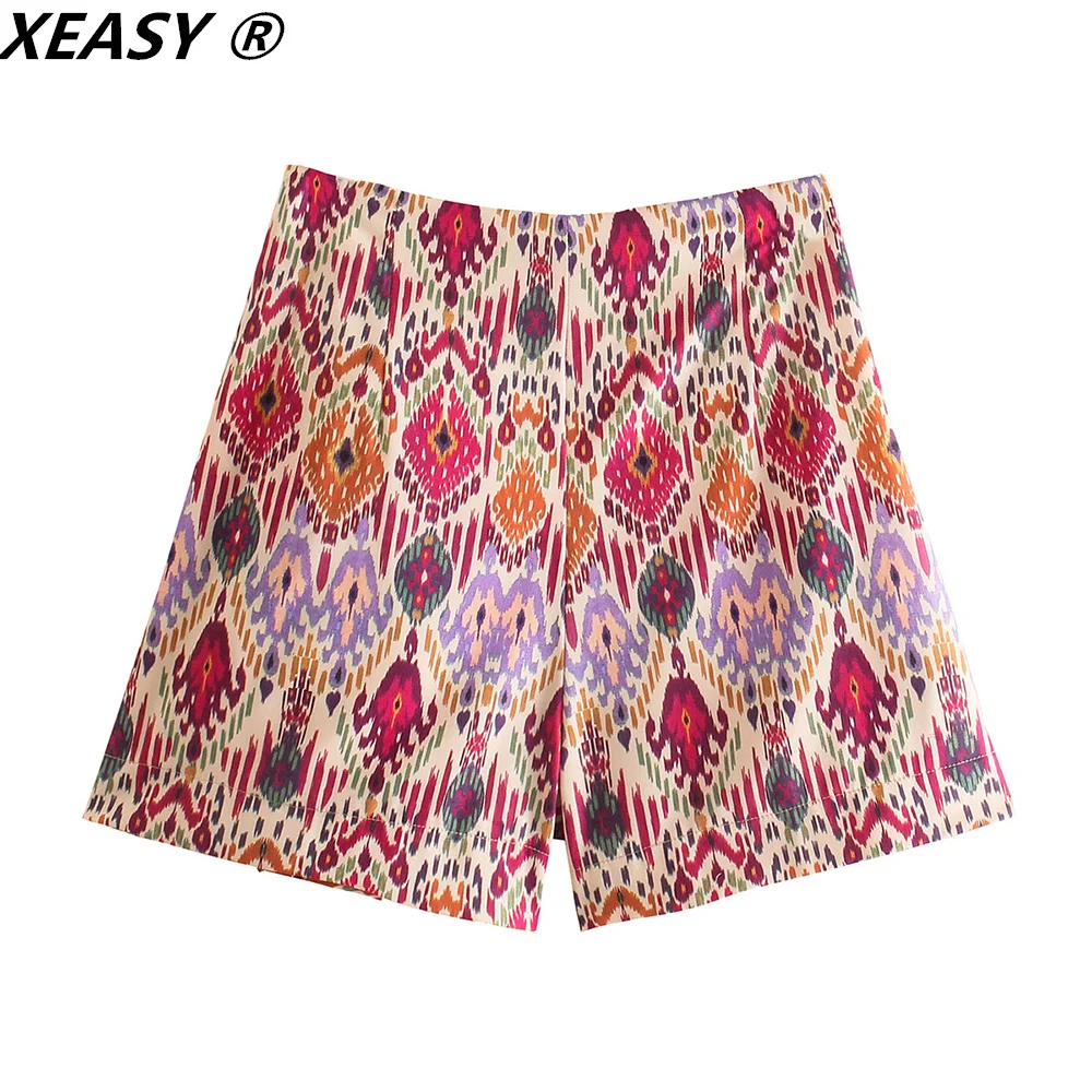 XEASY 2021 Women Two-Piece Set Sexy V-Neck Knotted Print Short Top Vintage High Waist Side Bow Shorts Skirts Female Fashion Sets