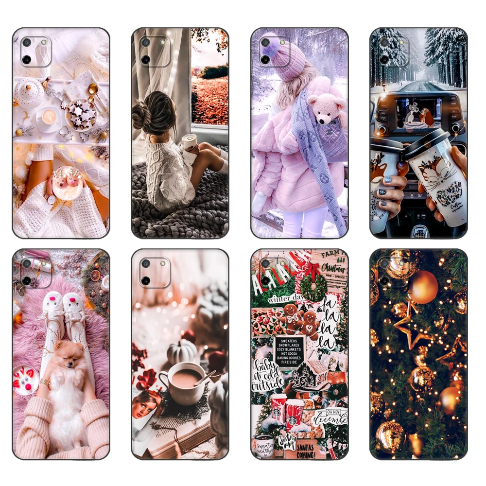 Black tpu Case For OPPO Realme C11 2020 2021 C20 C21 C21Y C25Y Back Cover winter girl christmas fashion