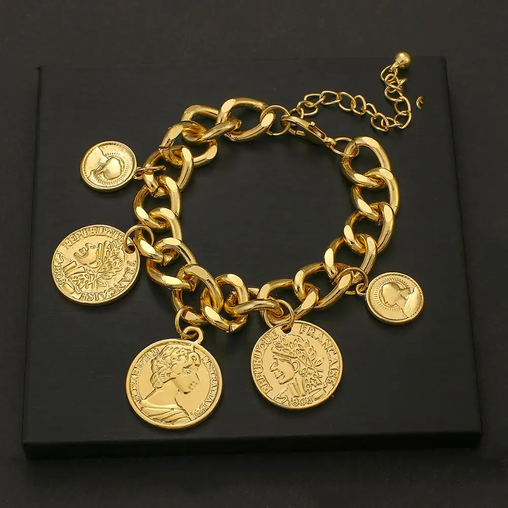 ALLYES Gold Color Chain Coins Bracelet Personality Vintage Portrait Charms Bracelets For Women Fashion Accessories
