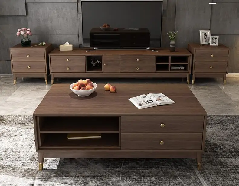 Walnut color tea table TV cabinet combination of Nordic simple small family living room multi-functional TV cabinet