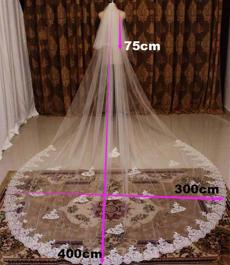 عالية الجودة 4 متر طرحة زفاف طويلة 2 طبقات الدانتيل الحجاب الزفاف مع مشط غطاء الوجه الأبيض العاج الحجاب مع أحمر الخدود