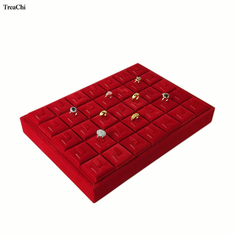 Quality Wooden Ring Jewelry Display Case 35Pcs Red Velvet Wedding Ring Jewelry Storage Organizer Stand Necklace Display Tray