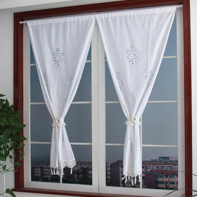 Pastoral Handmade Cotton Blackout Curtains, Crochet Hollow Out, Solid White Short Curtain, Rod Pocket Kitchen Blinds with Tassel