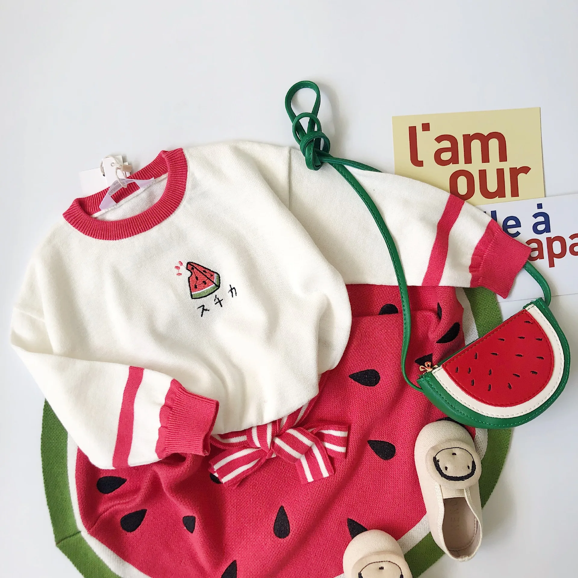 

Tonytaobaby Autumn and Winter Clothing New Baby Girl Children's Clothing Watermelon Knitting Embroidery Set Girls Clothes