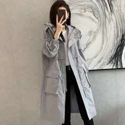 New 2023 Spring Autumn Long Trench Coat Women Loose Hooded Overcoat Female Adjustable Waist Outerwear Korean Fashion Windbreaker