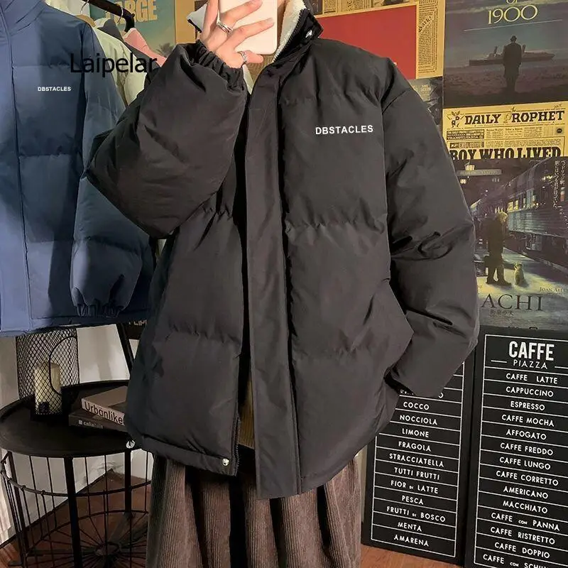 Pile addensare lettera grafica uomo cappotto invernale colletto alla coreana parka Oversize cappotto imbottito maschile stile coreano giacche calde