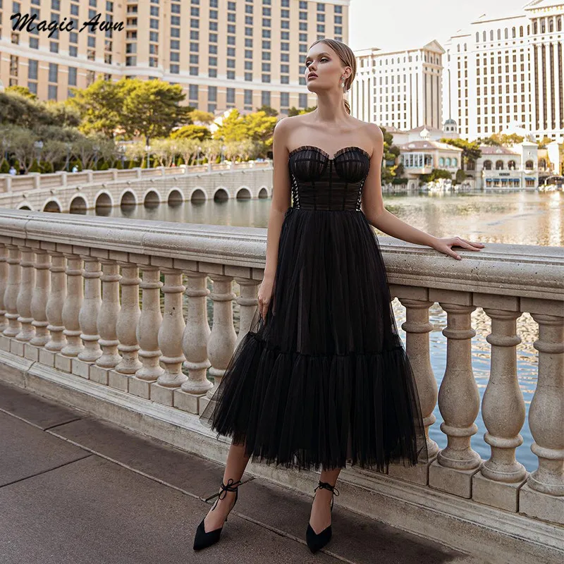 Magic Awn Black Vintage Prom Dresses 2021 Sweetheart Pleats Tea-Length A-Line Short Evening Celebrity Gowns Abiti Da Sera