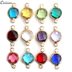 10pcs/lot Wholesale Bulk 12 Month Birthstone Charms Connectors Gold Plated Round Crystal Beads Pendant Diy Jewelry Findings