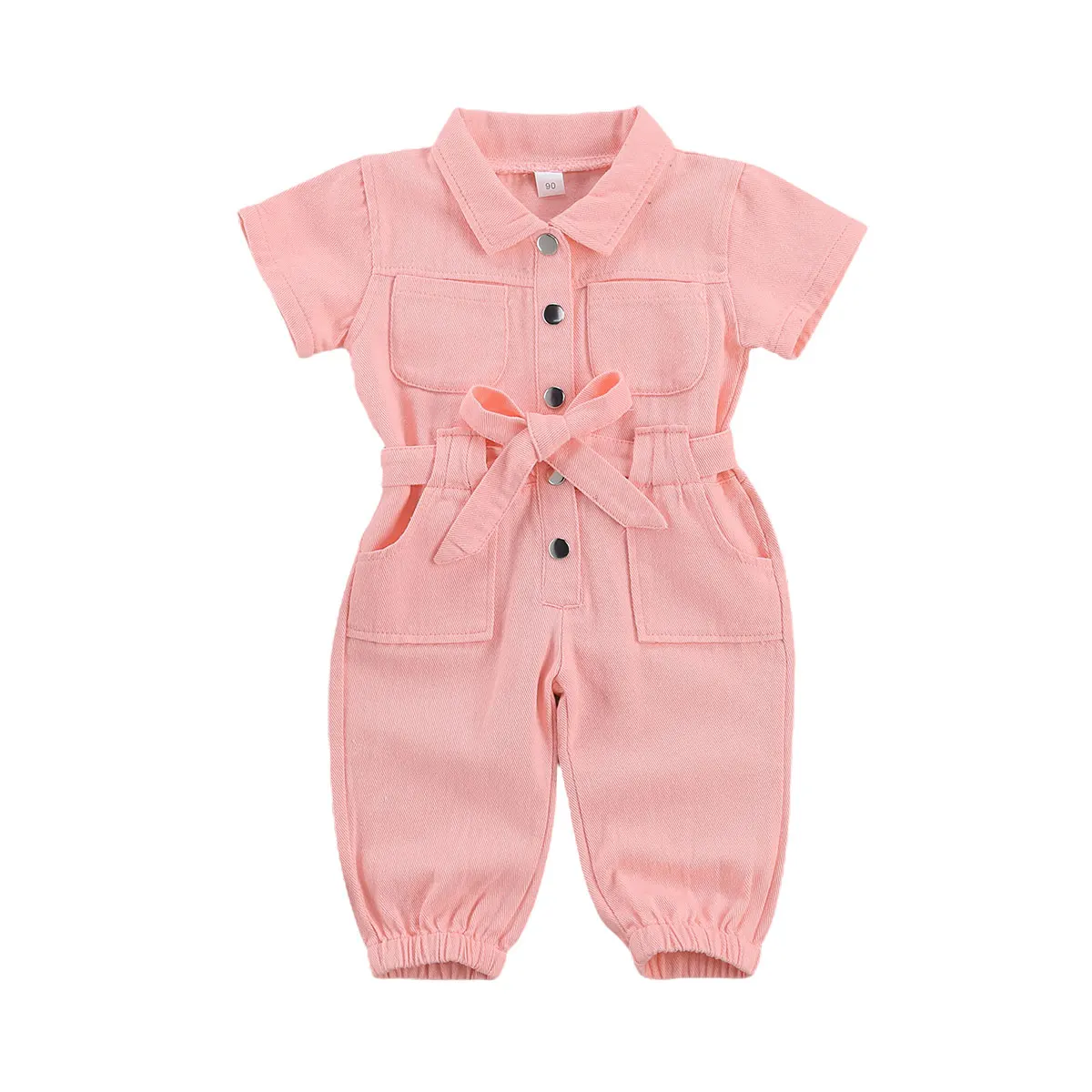 1-6Y Kids Baby Girls Denim Jumpsuit Work Clothes One Piece Toddler Turndown Collar Pocket Short Sleeve Romper for Children