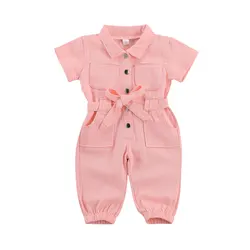 1-6Y Kids Baby Girls Denim Jumpsuit Work Clothes One Piece Toddler Turndown Collar Pocket Short Sleeve Romper for Children