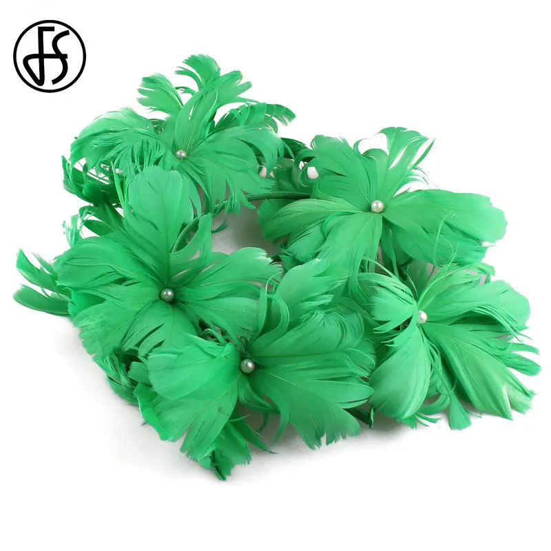 FS Green Fascinators For Wedding Ladies Church Hats Big Derby Feather Hair Bride Pearl Headwear Beautiful Flower Accessories