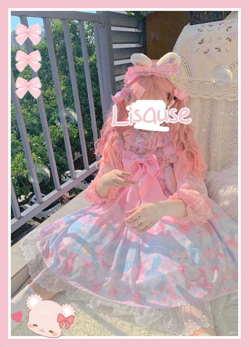 Palace Sweet Princess Lolita Strap Dress Vintage stampa a vita alta abito vittoriano Kawaii Girl Gothic Lolita Cos Loli Jsk Cat