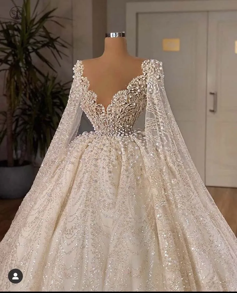 

Elegant Vestidos De Novias Sweetheart Beaded Pearls Pleated Long Sleeve Ball Gown Wedding Dresses