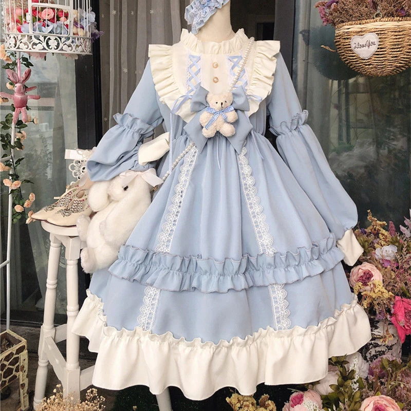 Anime Lolita Dress Women Bear Bow Lace Kawaii Dress Long Sleeve Princess Dress Halloween Costume Gift for Girls PARTY