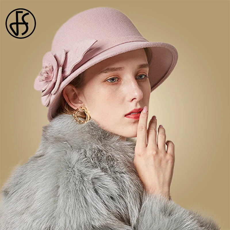 FS 100% Wool Felt Pink Hats For Women Solid Bowler Caps Ladies Winter Red Flower Wide Brim Fedora Hat Chapeau Femme Church Caps