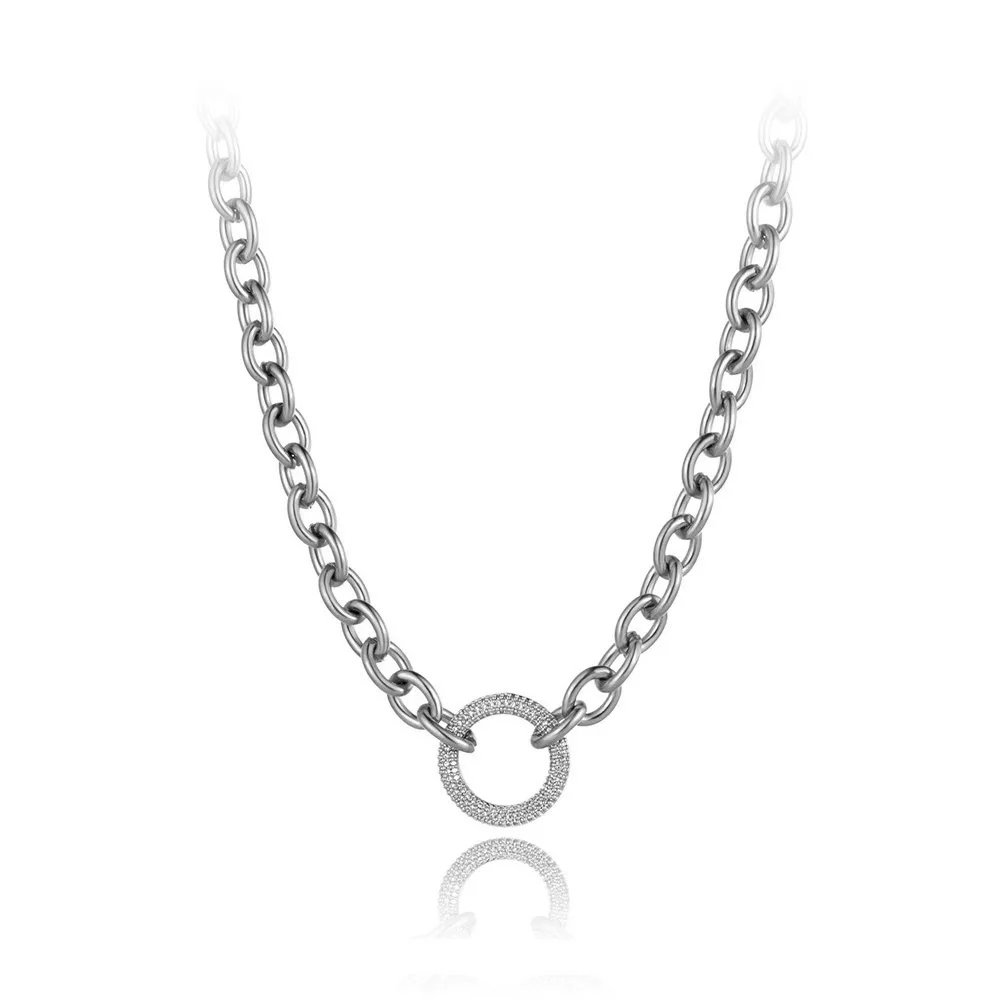 Lokaer Titanium Stainless Steel Crystal Circle Charm Pendant Necklaces Hiphop/Rock Link Chain Jewelry For Women Men N21194