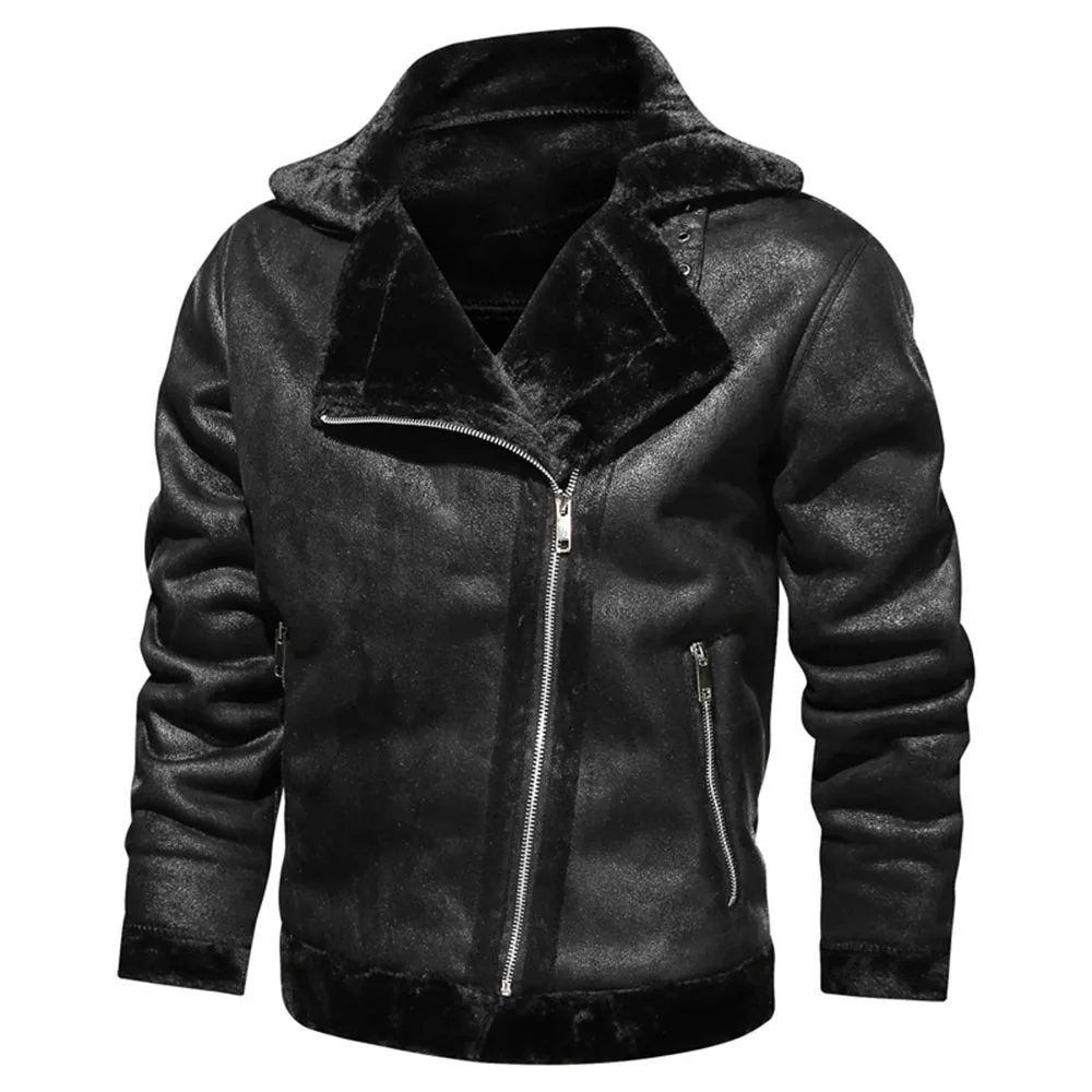 Mannen Winter Fleece Motorfiets Lederen Jas Plus Fluwelen Dikke Retro Vintage Leisure Mannelijke Uitloper Warm Cashmere Innerlijke Jassen - afbeelding 2