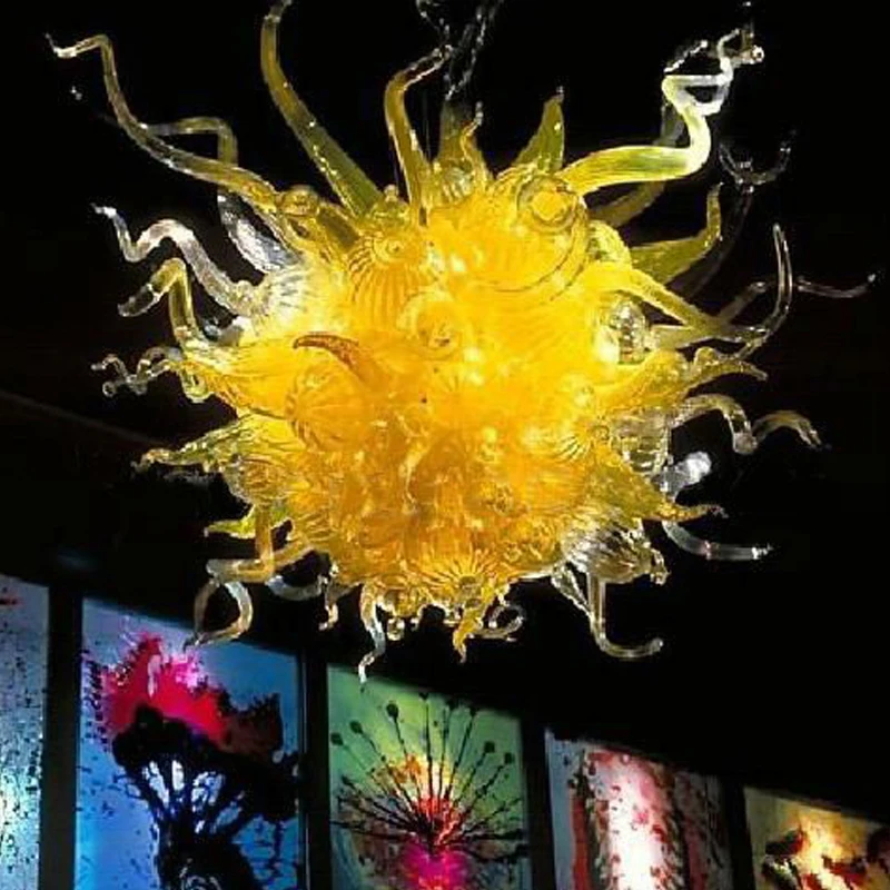 Hand Blown Glass Chandelier with Led Lights Yellow Color 24 Inches Chain Pendant for House Decoration Living Room