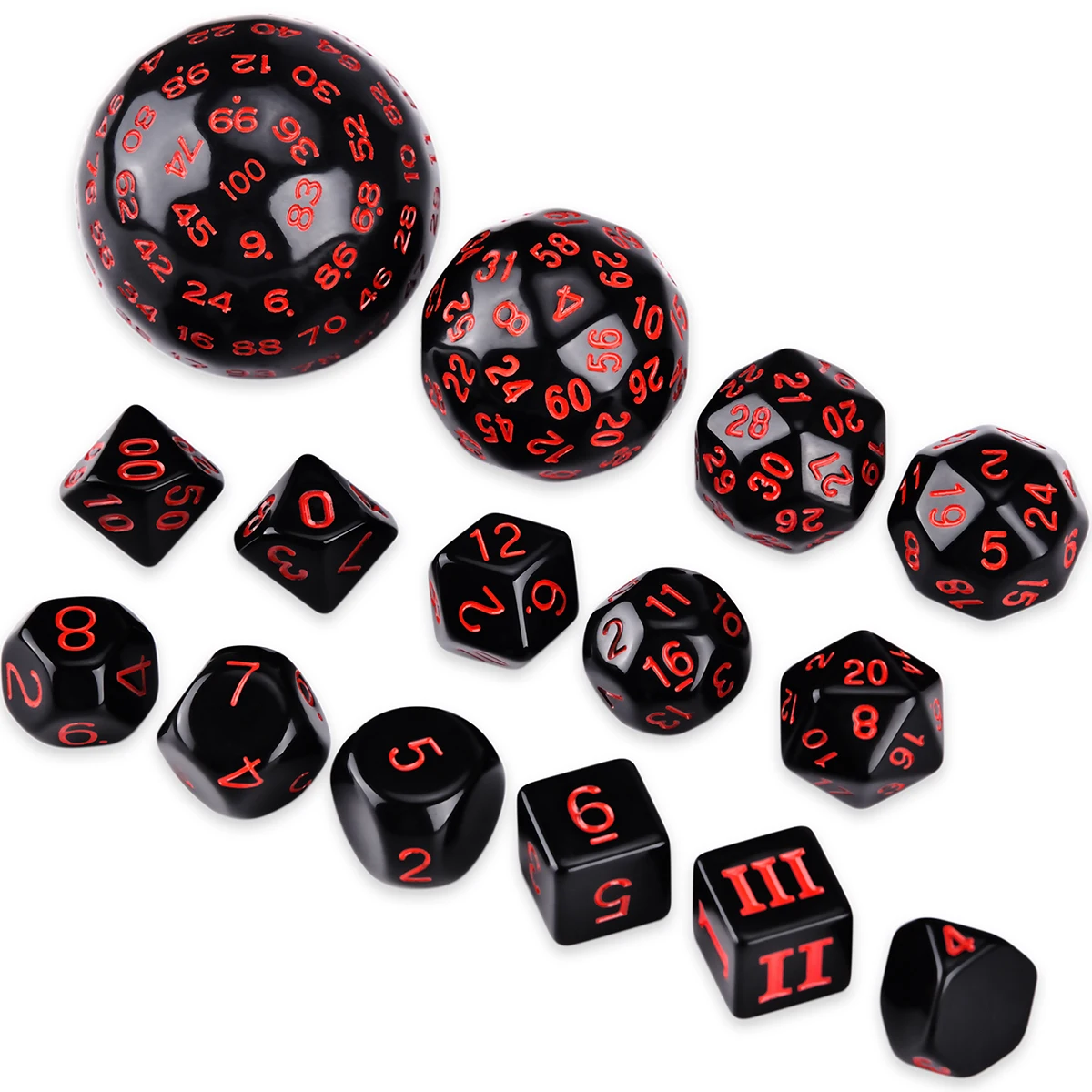 

15 Piece Opaque Black Polyhedral Dice Set for DND DCC RPG D3 D4 D5 D6 D7 D8 D10 D% D12 D16 D20 D24 D30 D60 D100