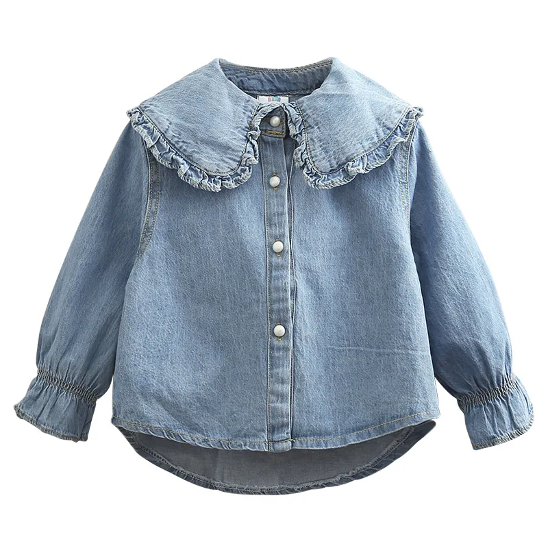 2024 New Spring Autumn 2 3 4 5 6 8 10 Years Children Clothing Turn-Down Neck Long Sleeve Denim Blouse Shirt For Kids Baby Girls