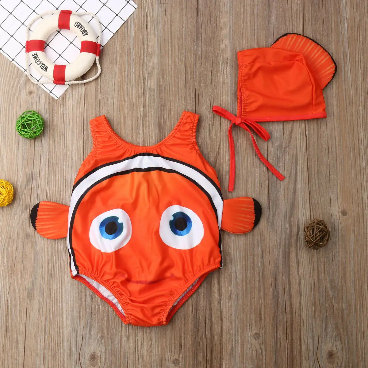 Kids Baby Girl Swimsuit Goldfish Swimwear Swimmable Bikini Beach Print Cute Sweet Costume+Swimming Hat Bathing Suit