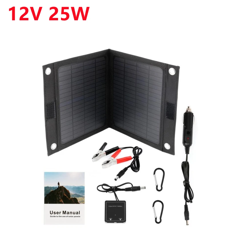 Livre Portátil Dobrável Células Solares Carregador Dobrável Painel Solar Carregador Banco de Energia Móvel para Bateria do Telefone Porta Usb 12v 25w ao ar