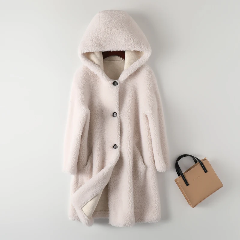 Women 2023 Winter New Real Lamb Fur Coat Female Genuine Granular Sheep Shearing Jacket Ladies Casual Warm Hooded Outerwear M148