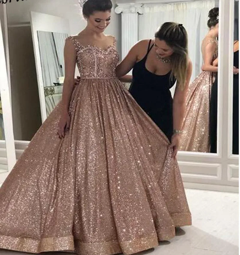 Moderne Rose Gold Afrikaanse Reflecterende Quinceanera Jurken Kralen Backless Lovertjes Prom Formele Toga Sparkly 15 Jaar Vestidos