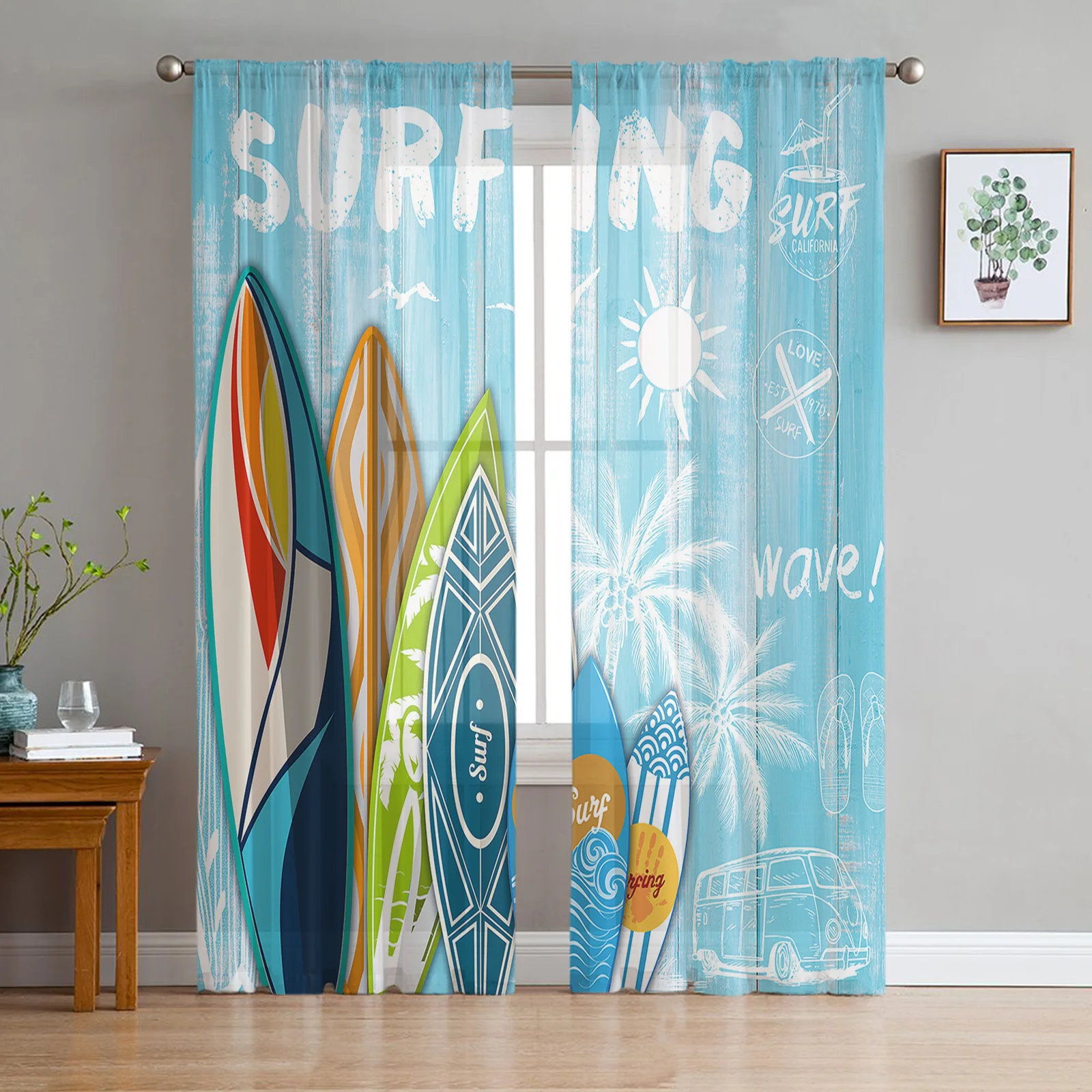 Surfing Summer Style Palm Tree Wood Board Voile Tulle Sheer Curtains for Bedroom Living Room Kitchen Decor Window Curtain