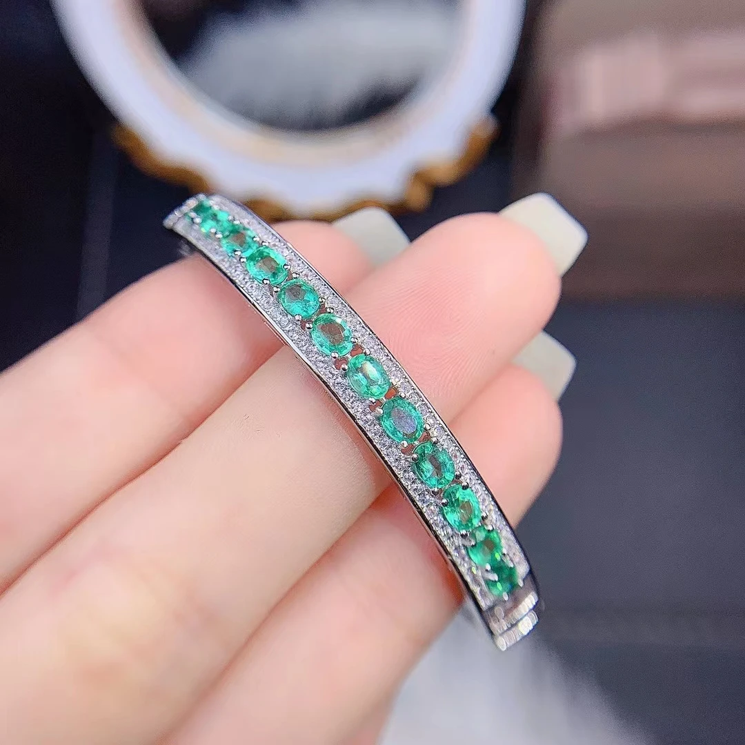 Fine Jewelry 925 Sterling Silver Inlaid With Natural Gemstones Women's Luxury Noble Emerald Cuff Hand Bracelet Support Detection