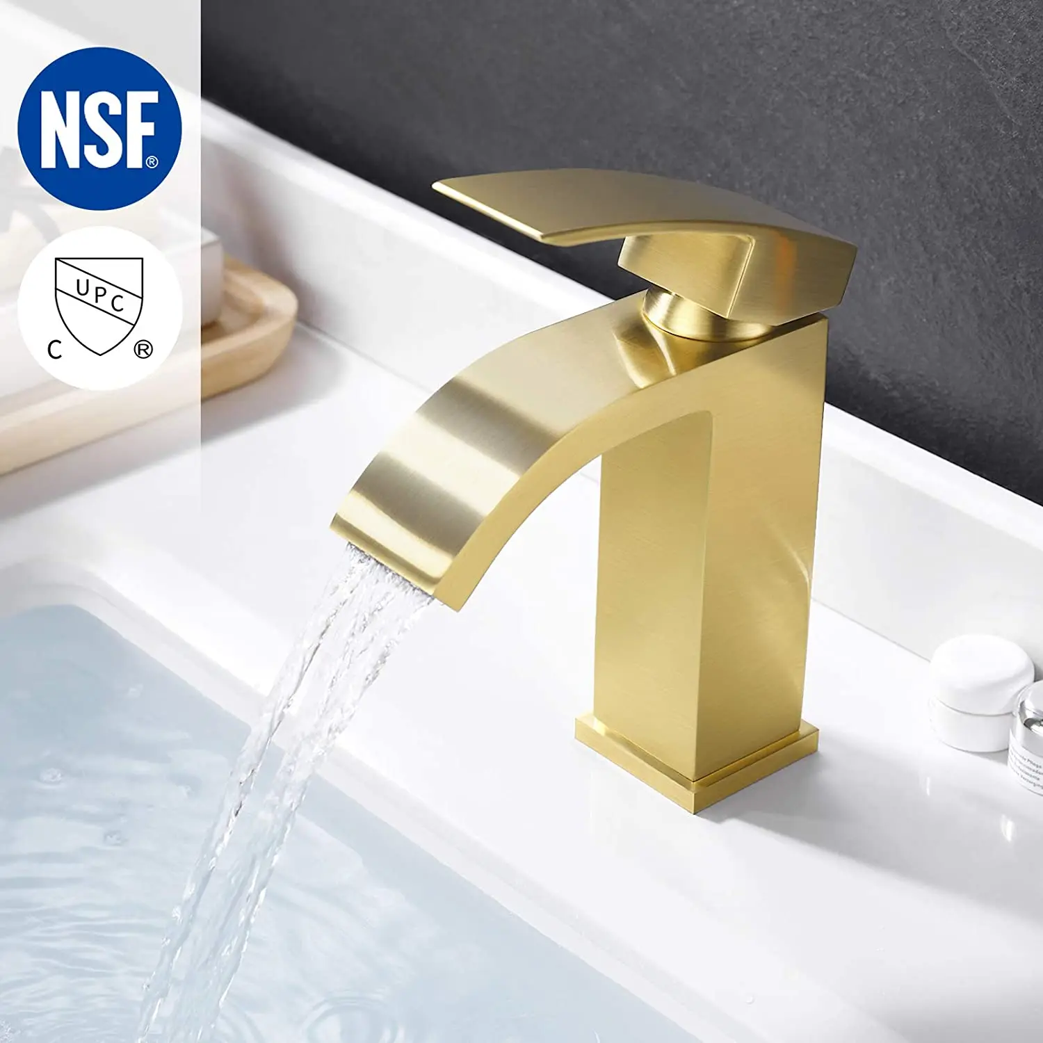 

Brushed Gold Brass Bathroom Waterfall Faucet Single Handle One Hole Vanity Sink Faucet cUPC NSF Certified Brass Construction