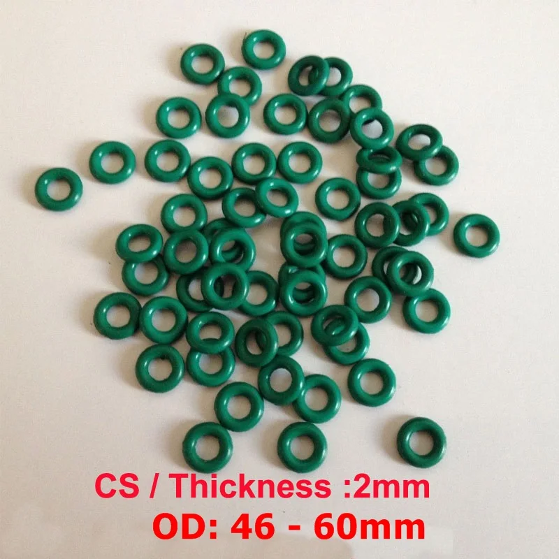 100 PCS FKM Rubber O RING CS 2mm x OD 46/47/48/49/50/51/52/53/54/55/56/57/58/59/60 O-Ring Fluorine O Gasket Sealing Green ORing